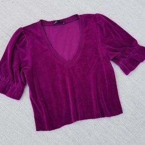 Vintage Express Purple Velvet Puff Sleeve Crop Top